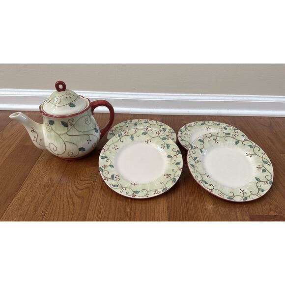Vintage Pfaltzgraff Pepperberry Holiday Tea Pot & Dessert Plates Hand Painted - Picture 2 of 12